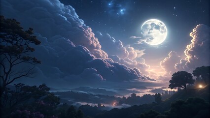 Majestic moonlight illuminates a serene woodland landscape filled with mystic fog and towering clouds