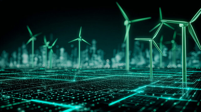 Pale eoliche digitali futuristiche con rete luminosa verde