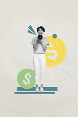 Fototapeta na wymiar Vertical image art pop collage of happy businessman businesswoman receive dollar coin income success capital profit concept