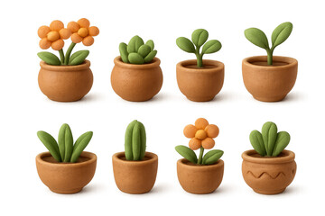 Obraz premium Clay look plant pots with flowers and succulents in a playful 3d style