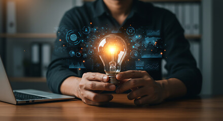 Glowing lightbulb with digital data overlay idea innovation