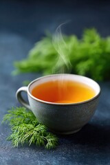 Warm cup of tea with steam rising, surrounded by fresh green her