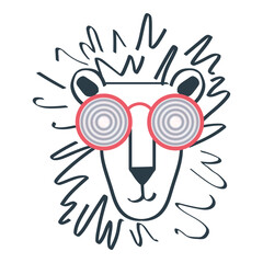 Cool lion face illustration with abstract mane wearing funky round hypnotic glasses creative animal art for trendy tshirt design and digital print