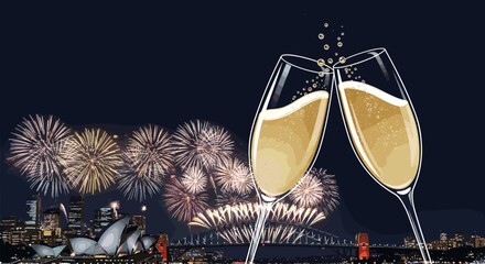 Champagne Toast to Spectacular Fireworks Display Over City Skyline