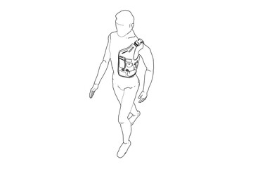 Wireframe, Depiction, Technical Drawing, Simple Line Art, Outline Illustration, Monochrome of a walking male figure wearing a chest pack. Ideal for design, engineering, or conceptual visuals.