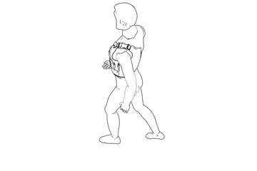 Wireframe, Depiction, Technical Drawing, Simple Line Art, Outline Illustration, Monochrome of a walking male figure wearing a chest pack. Ideal for design, engineering, or conceptual visuals.