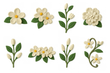 Clay style white floral set with leaves and buds for unique crafts and designs