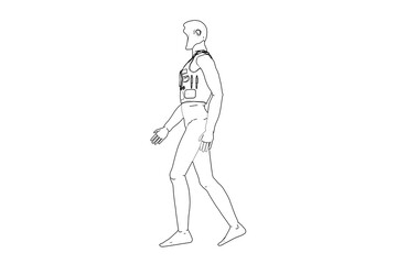 Wireframe, Depiction, Technical Drawing, Simple Line Art, Outline Illustration, Monochrome of a walking male figure wearing a chest pack. Ideal for design, engineering, or conceptual visuals.