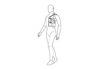 Wireframe, Depiction, Technical Drawing, Simple Line Art, Outline Illustration, Monochrome of a walking male figure wearing a chest pack. Ideal for design, engineering, or conceptual visuals.