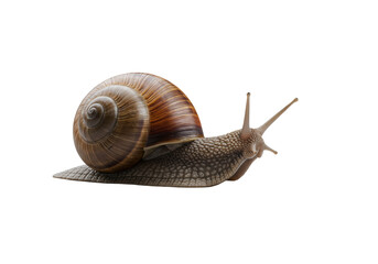 Photorealistic garden snail, intricate shell, extended antennae, on light grey minimalist surface with slime trail, soft studio lighting. Concept of steady progress.