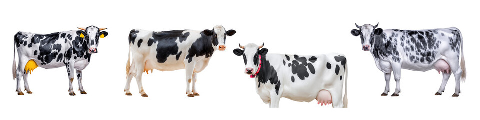 Group of four adorable black and white dairy cows standing together in a row showcasing their unique markings and friendly expressions on a farm
