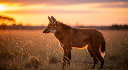 A Maned Wolf in a Field at Sunset.