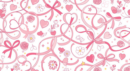 Sweet Pink Ribbons and Hearts Pattern Background