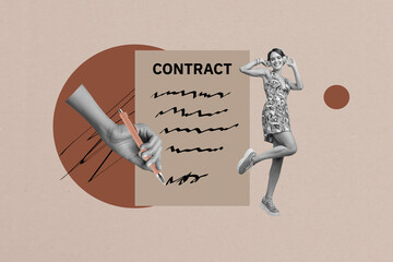 Poster collage of person listen music near contract signing on pastel background