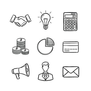 Business doodles include handshake lightbulb calculator coins graph card megaphone person and envelope