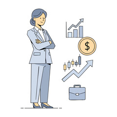 Fototapeta premium Businesswoman stands near growth charts coin briefcase showcasing financial success