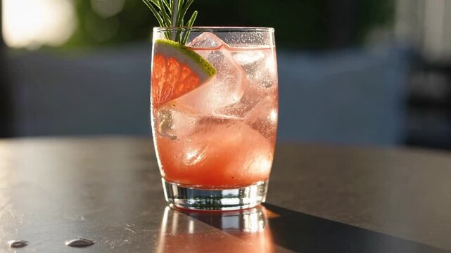 mixed alcoholic beverage made with gin citrus fruit and aromatic herbs served cold with frozen water crystals