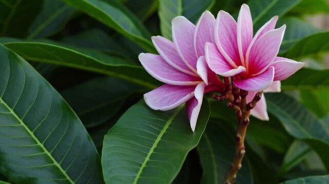 Blossoming pink plumeria flowers with verdant foliage