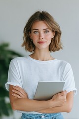 Fototapeta premium Confident young woman holding tablet, standing against soft back