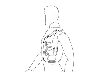 Wireframe, Depiction, Technical Drawing, Simple Line Art, Outline Illustration, Monochrome of a walking male figure wearing a chest pack. Ideal for design, engineering, or conceptual visuals.