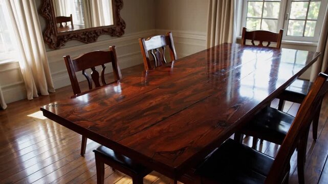 Interior Design of Dining Room with Wooden Furniture and Decorative Mirror