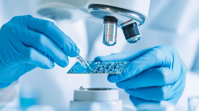 Specialized gloved hands carefully depositing precise liquid solution onto microscopic electronic component during delicate laboratory research procedure