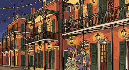 A festive night in the French Quarter during Mardi Gras celebrations