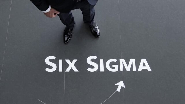 Business Executive Analyzing Six Sigma Methodology with Directional Arrow