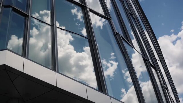 Detailed Close-Up of Architectural Facade Featuring Curved Transparent Glass Panels Reflecting Cloudy Sky