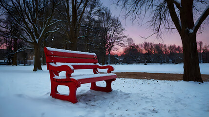 bench in the snow, Red Wooden Park Bench Under Soft Snowfall at Dusk