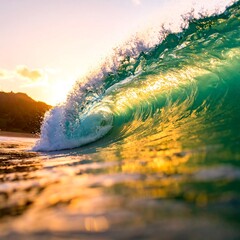 Golden sunrise wave crashing on the beach