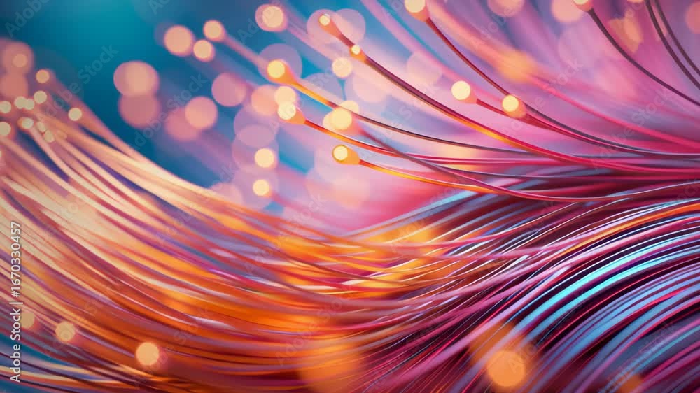 Poster glowing fiber optic cables transmitting digital signals, pulsing with vibrant energy across dark tec