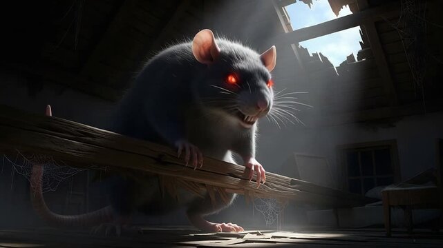Aggressive rat with red eyes in dilapidated attic