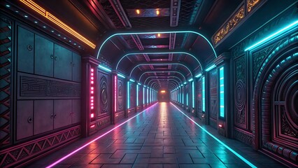 Perspective reveals a corridor illuminated with pink and cyan neon lights in futuristic architecture