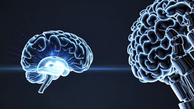 three-dimensional holographic projection of human brain being presented by robotic hand