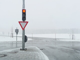 Red light is on at a street corner