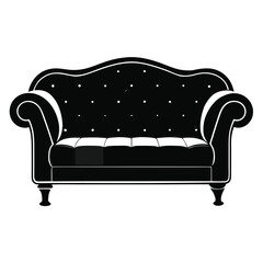 Vector art of elegant black and white silhouette of a classic tufted sofa with ornate scrolled arms and carved legs