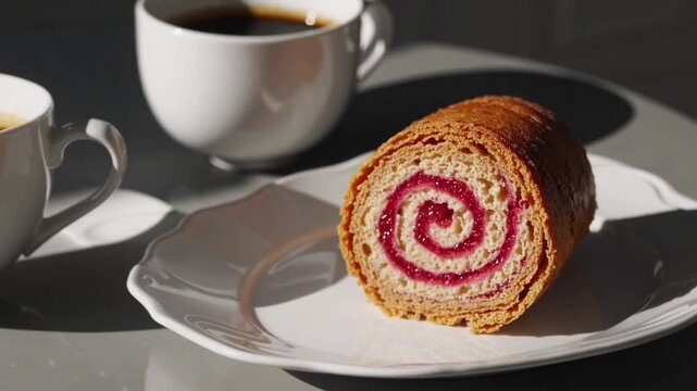 spiral-shaped baked good filled with sweet paste made from guava fruit, accompanied by cup of unsweetened coffee