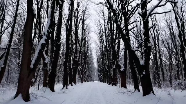 Arboreal dark outlines and alabaster precipitation, pathway vista traversing ancient woodland