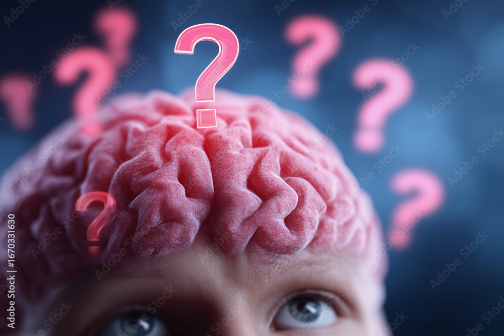 Poster a brain with a pink color and a question mark on it