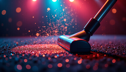 Close-up of vacuum cleaner on carpet with colorful lighting effects  