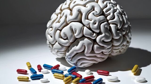 Pharmaceutical Cognitive Association: Human Brain Organ Surrounded by Dispersion of Medicinal Tablets and Pills
