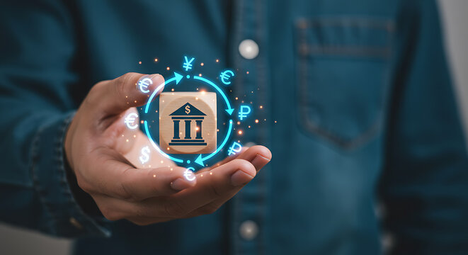 Hand holding bank symbol with currency symbols and arrows wooden cube bank icon