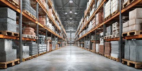 Fototapeta premium construction retail warehouse interior with shelves organized and filled with essential building materials including bricks, cement, plasterboard and tiles ready for sale and renovation projects