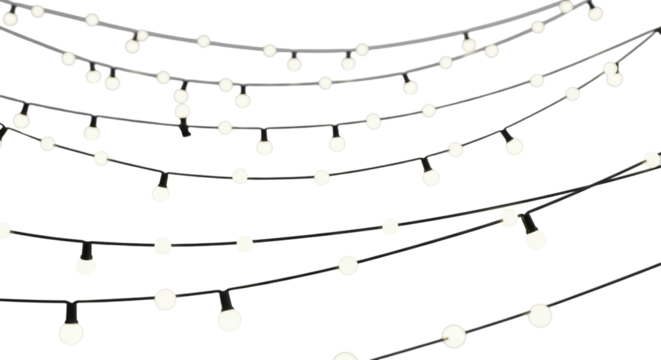 Luminous cool white LED string lights in horizontal and subtle diagonal lines on a transparent studio background with soft bokeh and clean negative space. Concept of progress and innovation