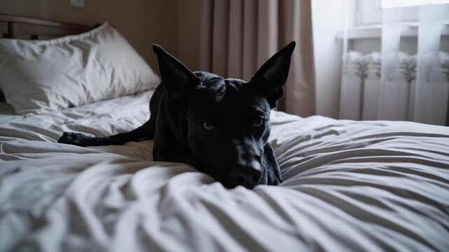 Portrait of black colored dog lying down resting comfortably on bed