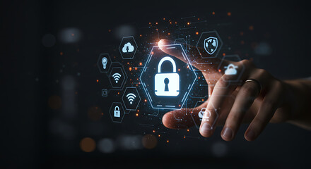 Digital security lock with interconnected icons cybersecurity data protection