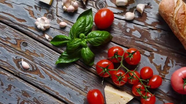 Stylish Overhead View Arrangement of Fresh Culinary Components on Aged Wooden Surface in Food Preparation Area