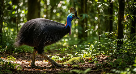 Obraz premium A Southern Cassowary Walking in the Rainforest.