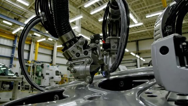 Automated robotic machines performing welding tasks on vehicle component in factory